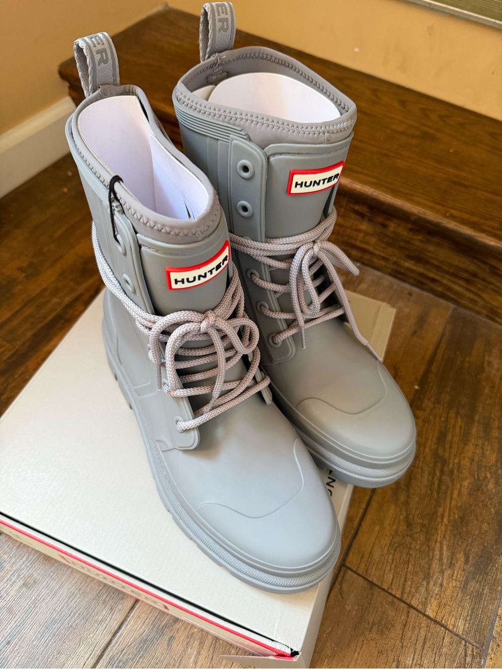 Hunter Light Grey Lace-Up Waterproof Boots with Logo Patch